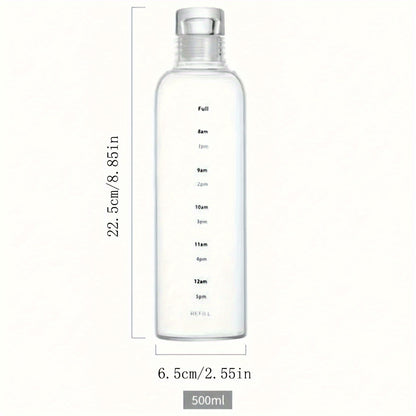 Reusable round plastic water bottle with time markers, ideal for various uses like office, school, and home, suitable for juice and iced drinks, hand wash only, and made of recyclable material.