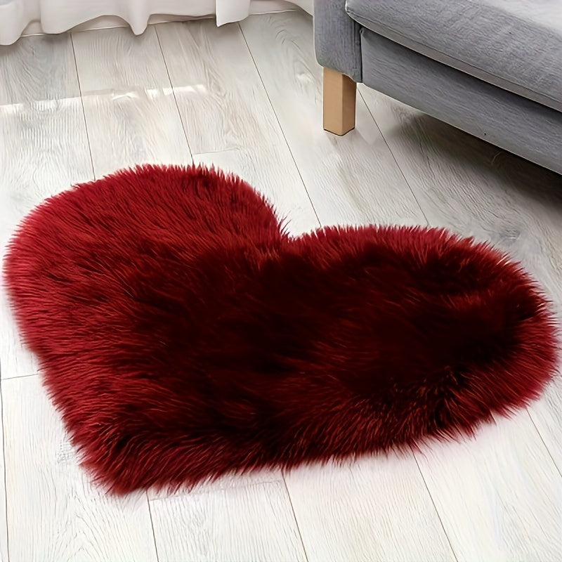 Heart-Shaped Faux Fur Area Rug, Soft Plush Acrylic Blend, Non-Slip, Hand Washable, Cozy Mat for Bedroom or Living Room