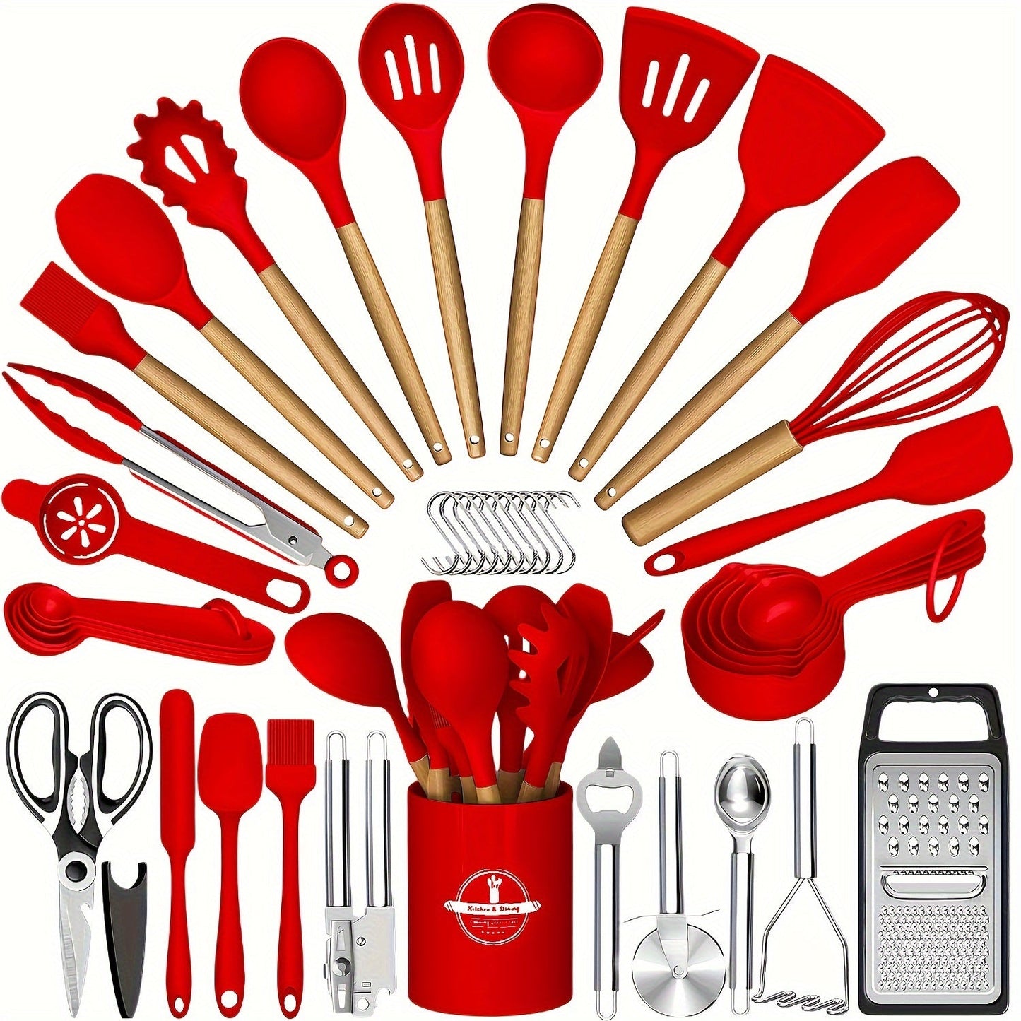 Silicone Kitchen Utensil Set with Wooden Handles - 44 Pieces, Non-Stick Coating, Includes Stainless Steel Grater & Bottle Opener, Ideal for Cooking, Baking & Festive Occasions.