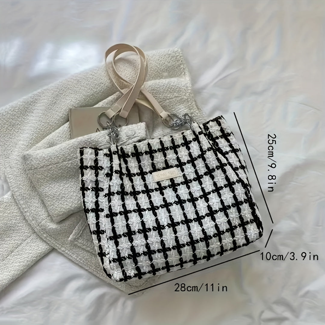 Plaid bucket bag with faux pearl chain, elegant shoulder bag for women.