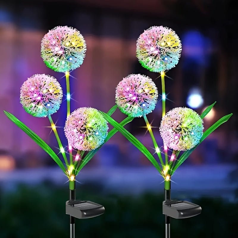 Dandelion LED plant stake light powered by solar energy, splashproof, ideal for outdoor gardens and yards.