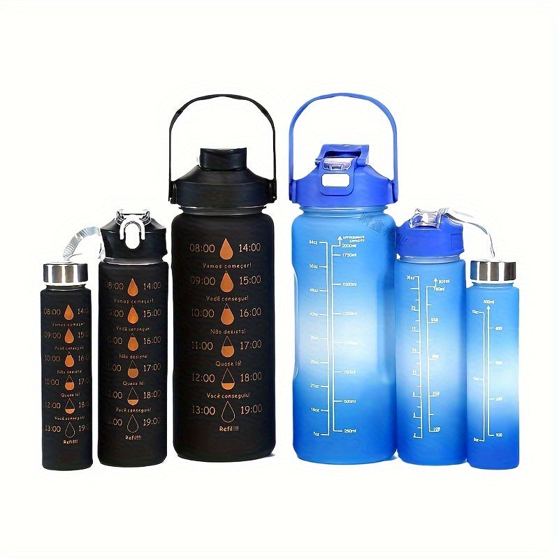 Set of 3 sports water bottles with time marker, leakproof design, and one-click open lid. Great for fitness and outdoor activities.