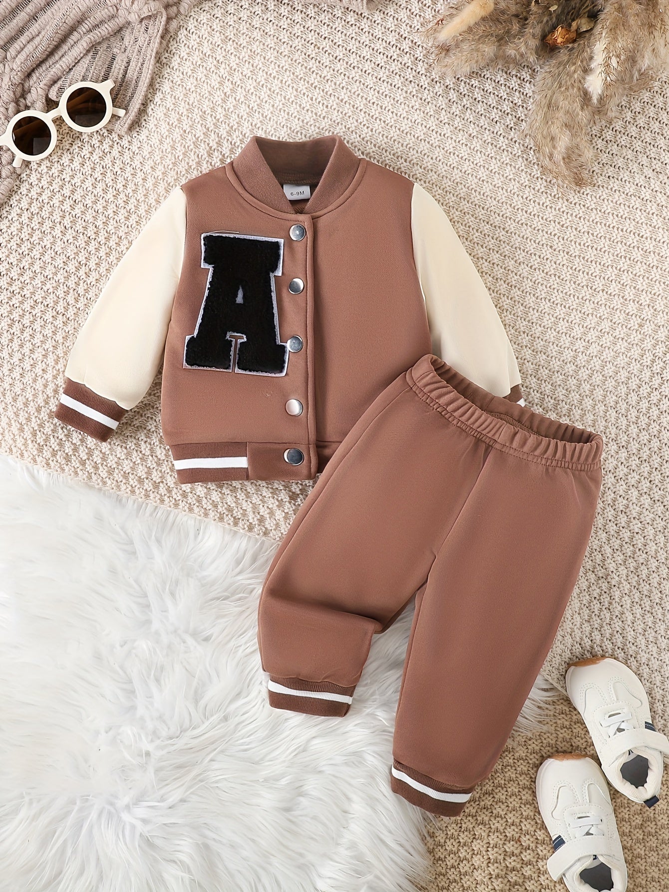 Infant boys' casual outfits for fall/winter: trendy baseball coat and pants set.