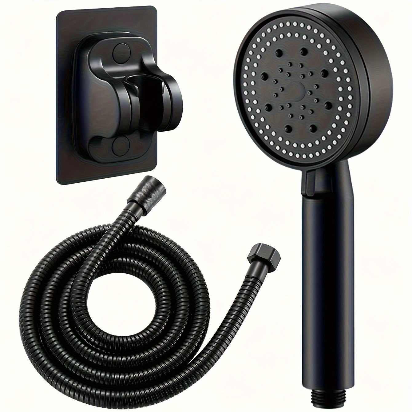 Handheld shower head with 5 water flow modes, bracket, hose, and five golden accessories.