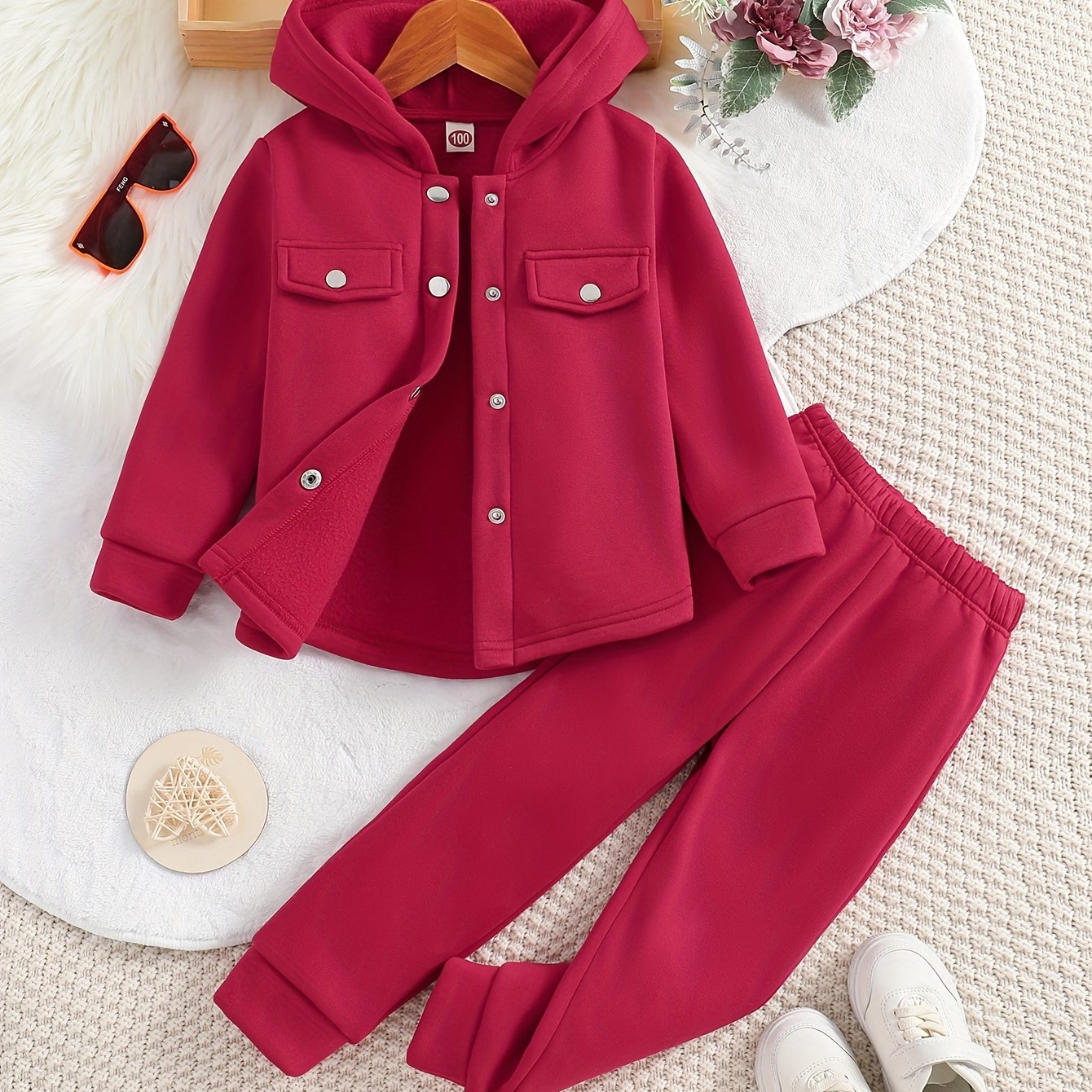 Set of girls' hooded jacket and jogger pants for autumn outdoor activities.