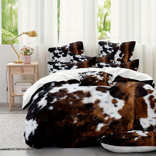 Yak leather bedding set in brown and black cow pattern, featuring washable ultra-fine microfiber duvet cover for a soft and comfortable sleep experience. Choose from 2 or 3 piece sets.