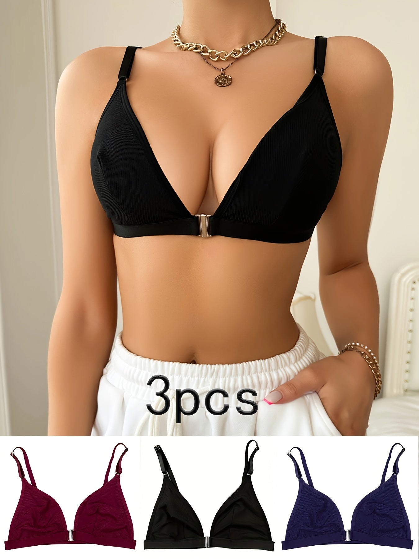 3-piece solid wireless cami bra set with front closure for elegant comfort, push-up support, and lingerie for women