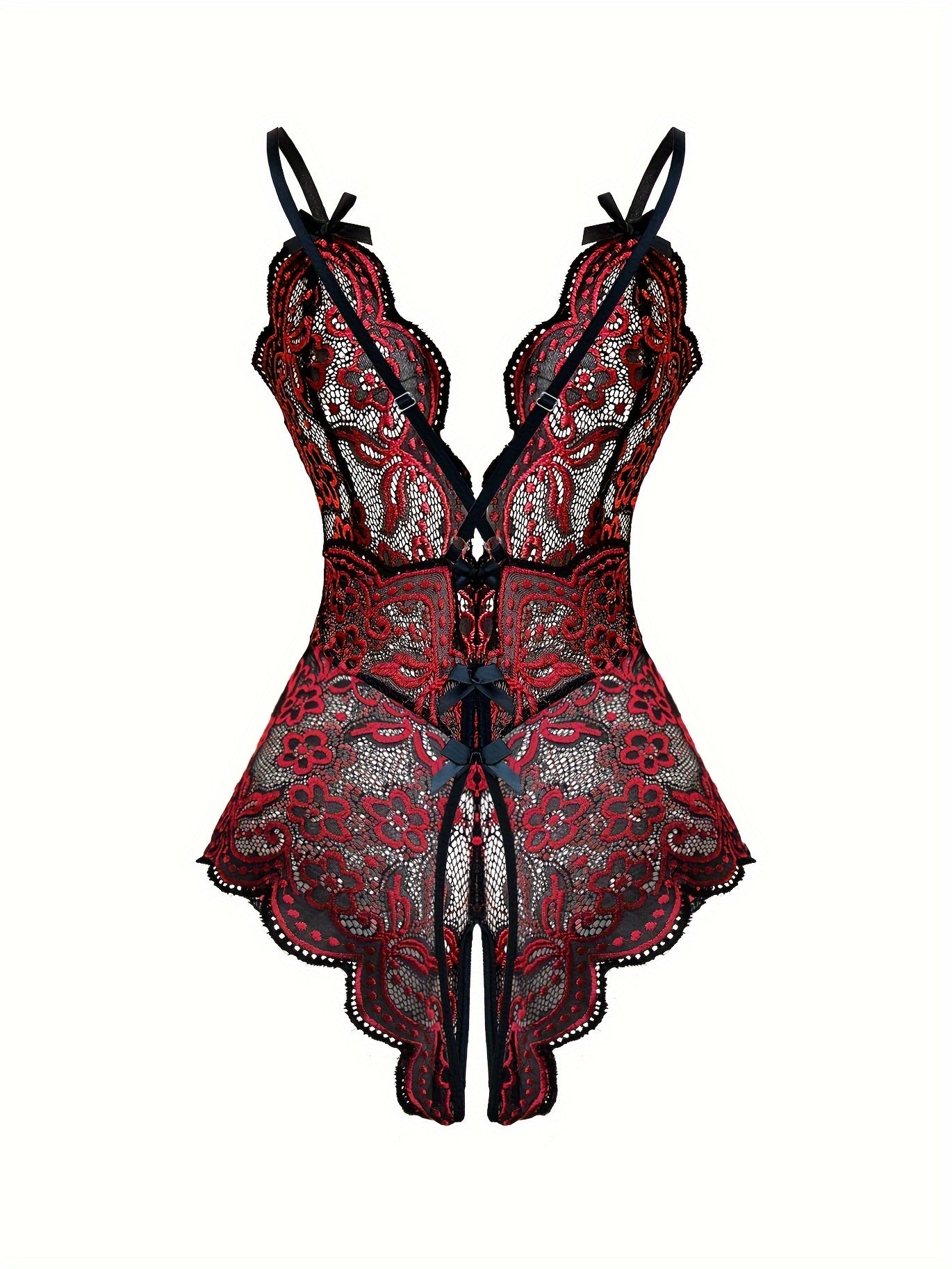 Sexy women's lingerie with floral embroidery, backless design, and open crotch.