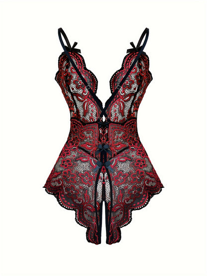 Sexy women's lingerie with floral embroidery, backless design, and open crotch.