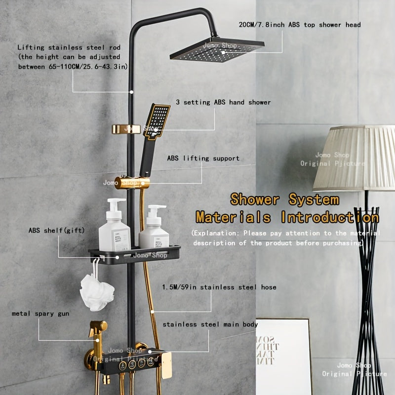 Modern black and gold bathroom shower system with rain showerhead, handheld, tub faucet, and hot/cold water mixer. Made of luxurious brass.