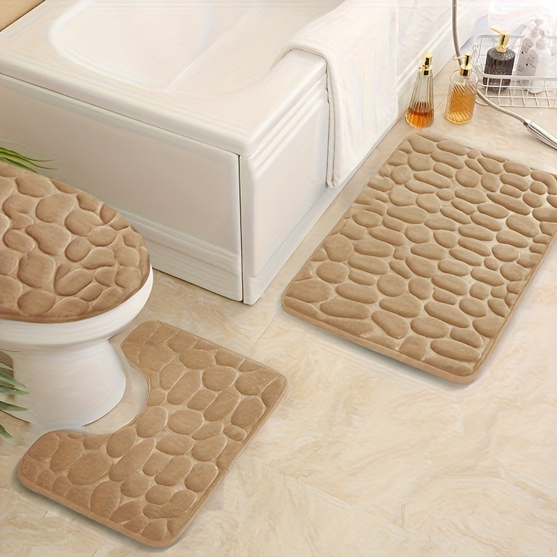 3-Piece Memory Foam Bathroom Rug Set with Pebble Embossed Design - Super Soft, Non-Slip, and Absorbent Bath Mat, U-Shaped Contour Rug - Machine Washable Polyester Material, Low Pile - Ideal for Home Decor and a Thoughtful Christmas Gift