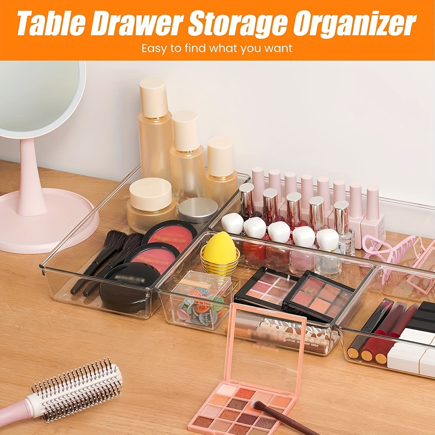 Set of 9/18 versatile clear plastic organizers for vanity and bathroom drawers, in 4 different sizes, for makeup, kitchen, and office.