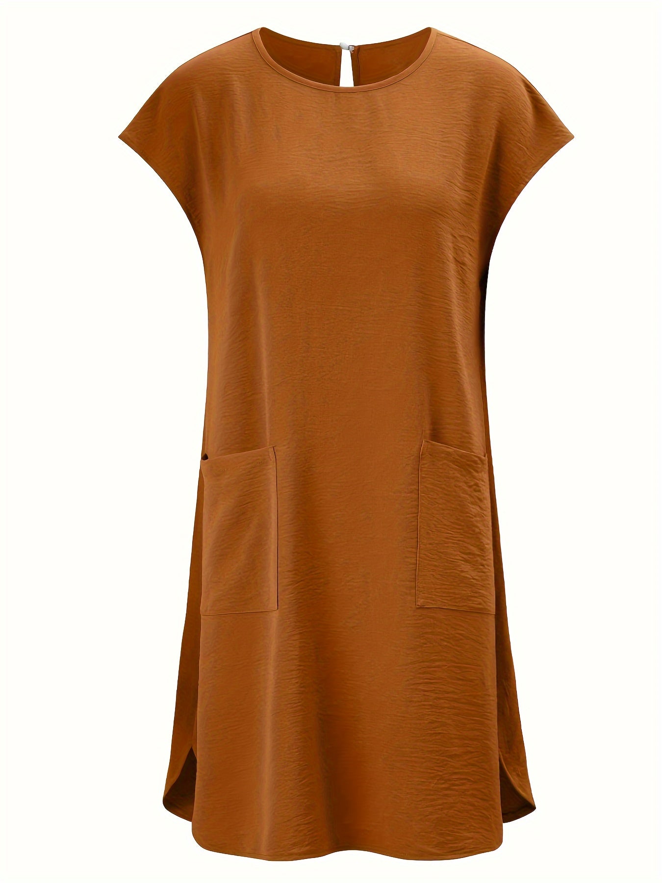 Women's spring/autumn dress with round neck, batwing sleeves, double pockets, and elegant solid color in cotton fabric.