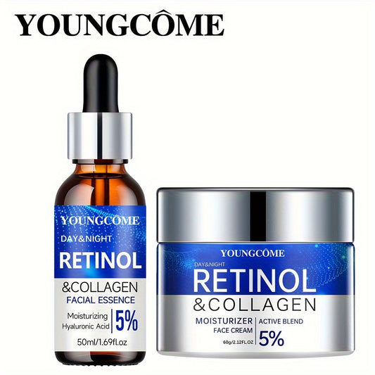 YOUNGCOME teri parvarish to'plami Retinol va Gialuron kislotasi bilan - Qattiqlashtiruvchi krem va Namlantiruvchi serum, barcha teri turlari uchun qish va kuzda mos, spirtli ichimliklarsiz.