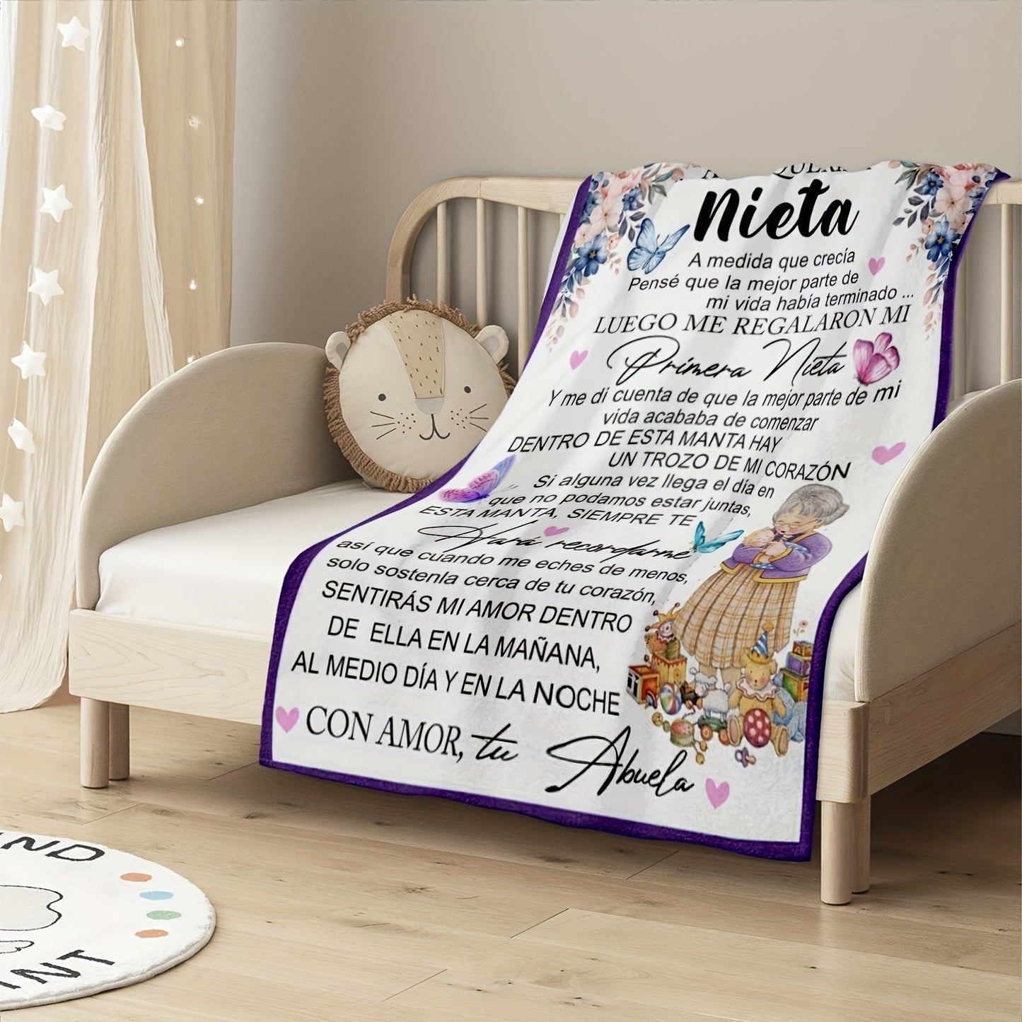 Enchanting Butterfly & Floral Print Spanish Letter Throw Blanket - A Thoughtful Gift from Grandma to Granddaughter, Made with Ultra-Soft Flannel for Lightweight and Cozy Comfort. Ideal for Couch, Sofa, Bed, Office, Travel & Camping, Providing Durable