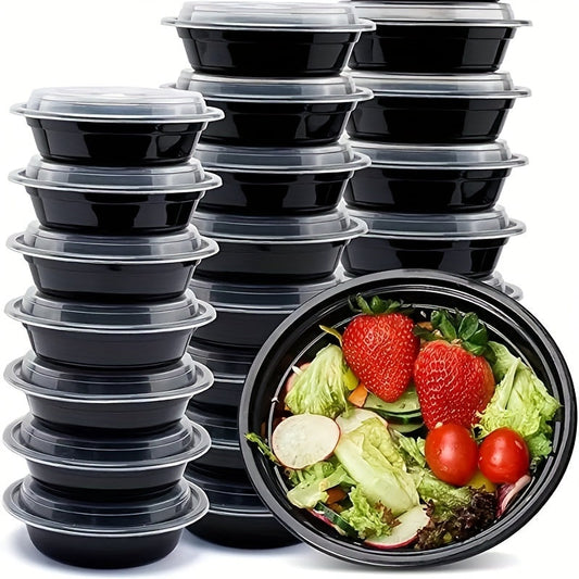 30 to 50 pieces of 34oz plastic black bowls with lids. These round food storage containers are BPA free, stackable, and leakproof. They can be used as bento boxes and are microwave safe. These kitchen gadgets and accessories are perfect for storing food