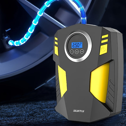 Portable tire inflator with digital gauge, LED light, and safe night use for cars and bikes.