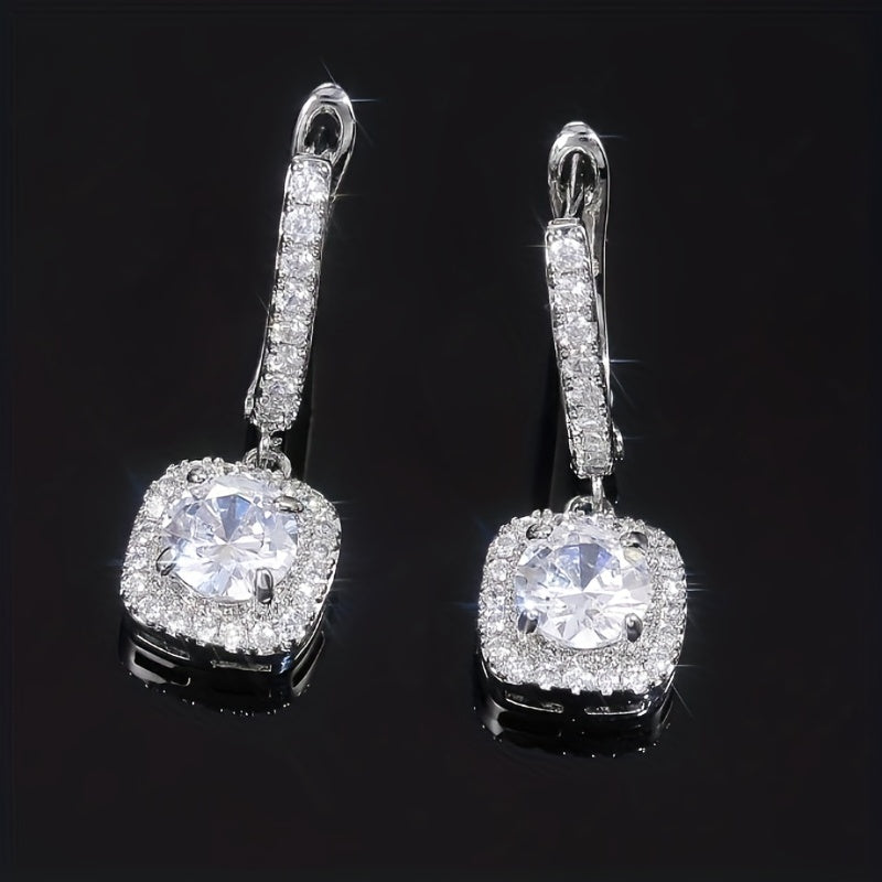 Luxurious Sterling Silver 925 Square Shaped Ear Jewelry with Shiny Zirconia Decoration, Dangle Earrings for a Banquet Party.