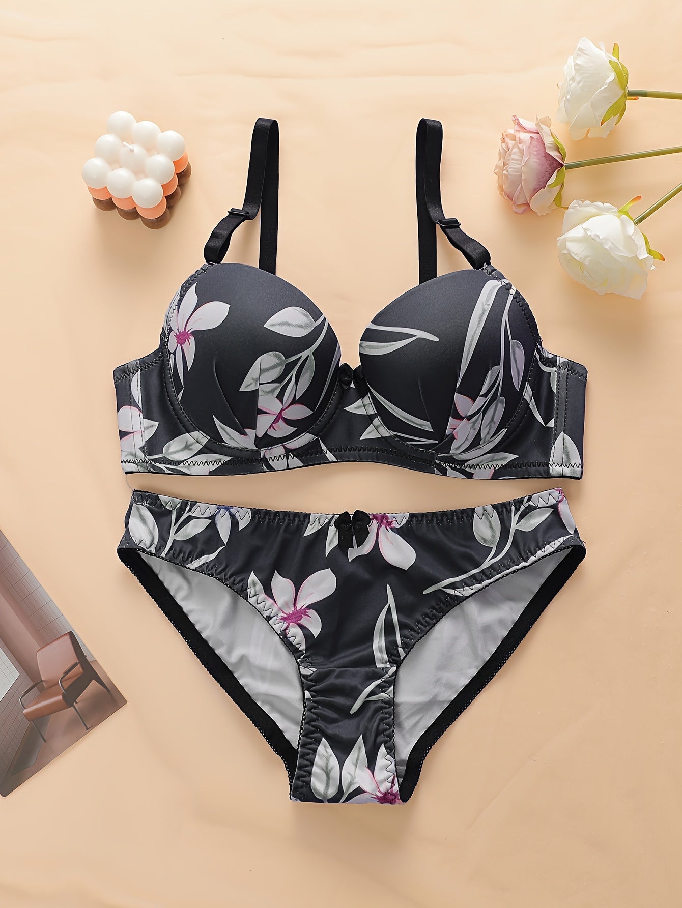 Floral print lingerie set with color block plunge push up cami bra and panties for women.