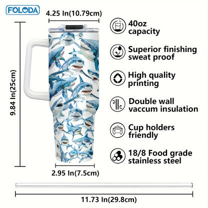 40 унций изолированный стакан из нержавеющей стали с ручкой, крышкой и соломинкой - дизайн синего акулы, отличный подарок для женщин, идеально подходит для активного отдыха и особых случаев