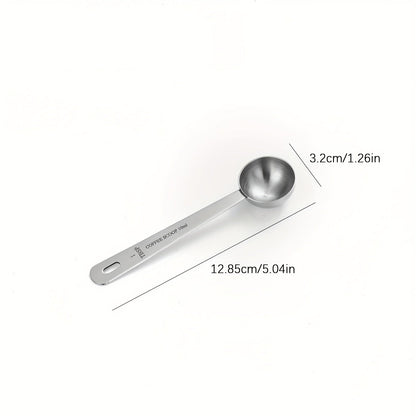 Set of long-handled stainless steel coffee scoops with multiple measurement options, suitable for ground coffee, tea, and powders. Ideal for travel, camping, and gifting, as well as for measuring loose tea. Includes 5ml, 10ml, 15ml, 20ml, and 30ml scoops.