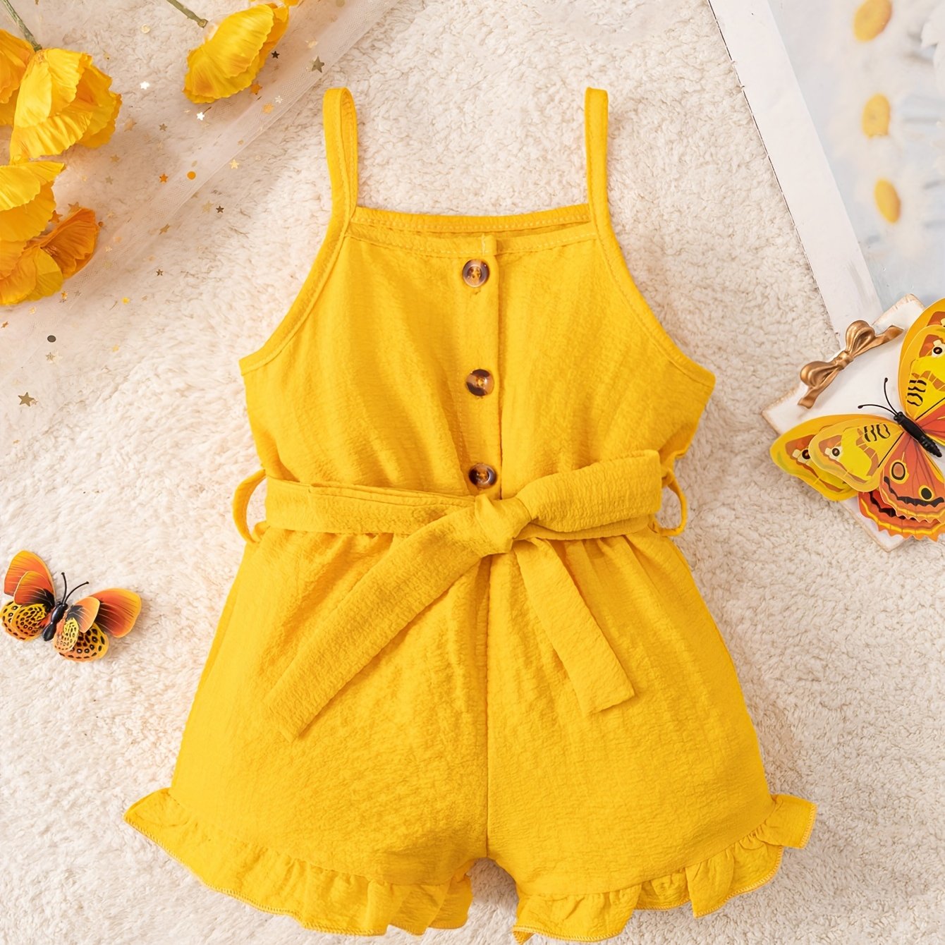 Two cute bubble rompers with straps for baby girls learning to walk, perfect for spring, summer, and autumn. Includes belt, great for holiday party gifts and outdoor wear.