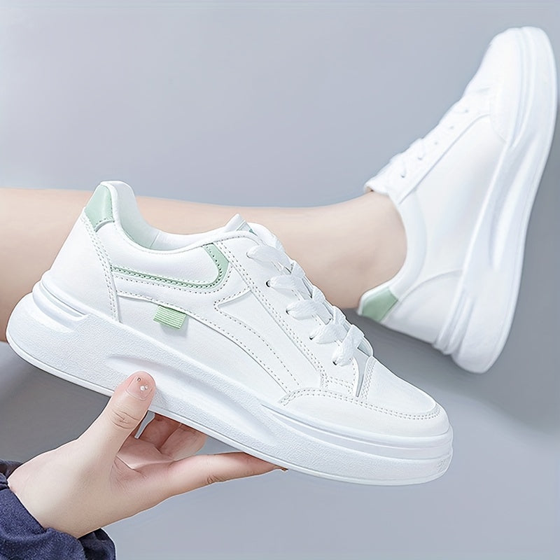 Height increasing lace-up platform skate shoes for women in white, suitable for outdoor walking and available in plus sizes.