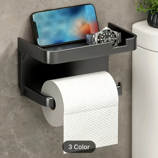 Wall-mounted toilet paper holder with phone stand, no drilling required. Organizes bathroom essentials with polished finish.