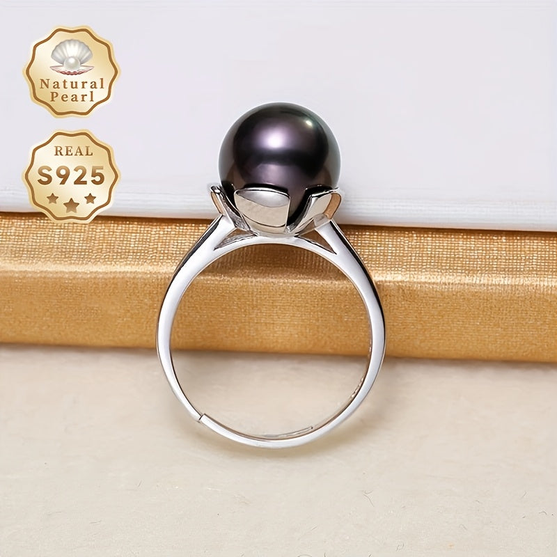 Unlock a truly special gift with this must-have item - a stunning Pearl Ring featuring a 10-11mm Round Deep Sea Tahitian Black Pearl set in S925 Silver. Each Women's Open Ring is unique, showcasing Haimou natural pearls with varying shapes and colors.