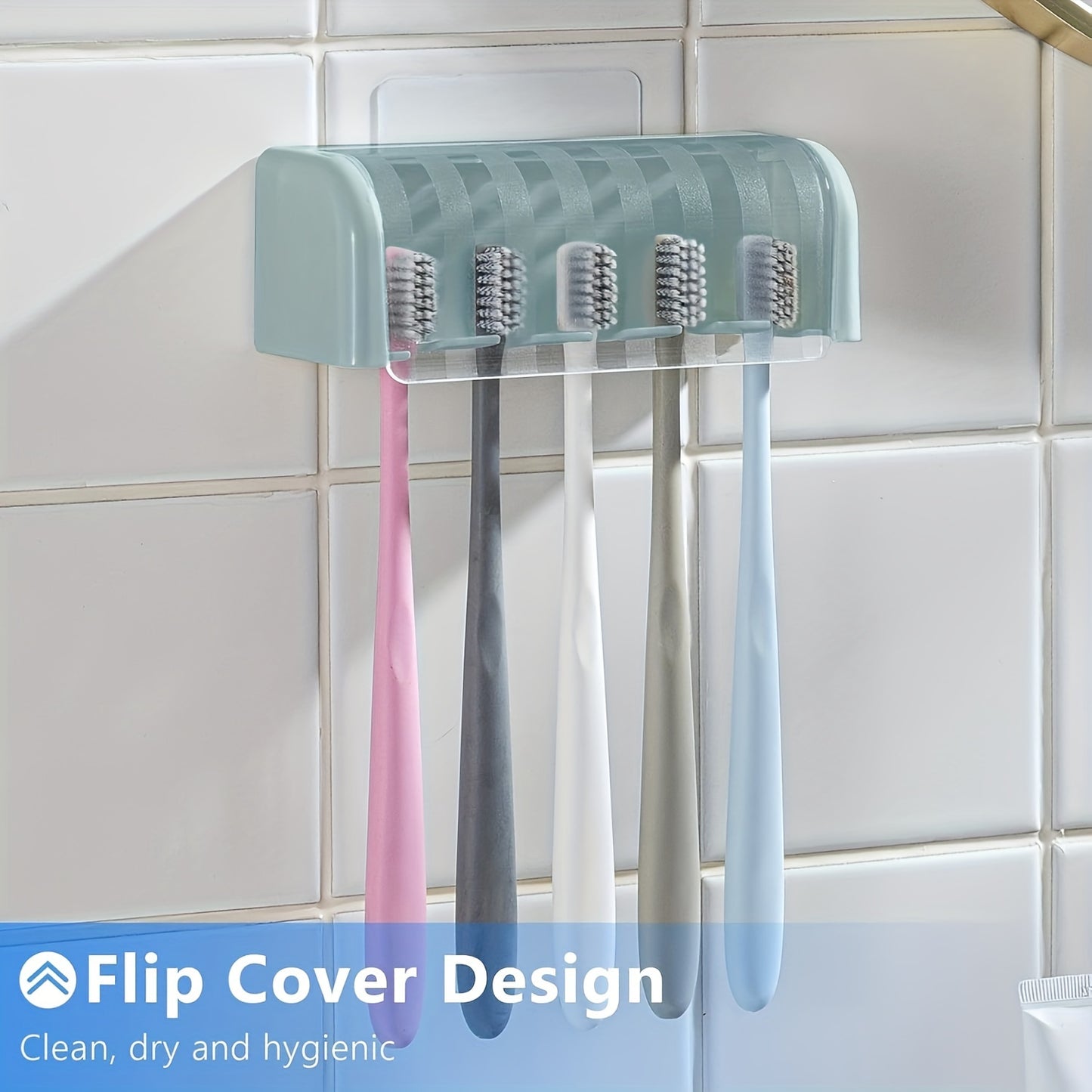 Wall mounted toothbrush holder holds up to 5 toothbrushes, no electricity required, ideal for dorms and showers.