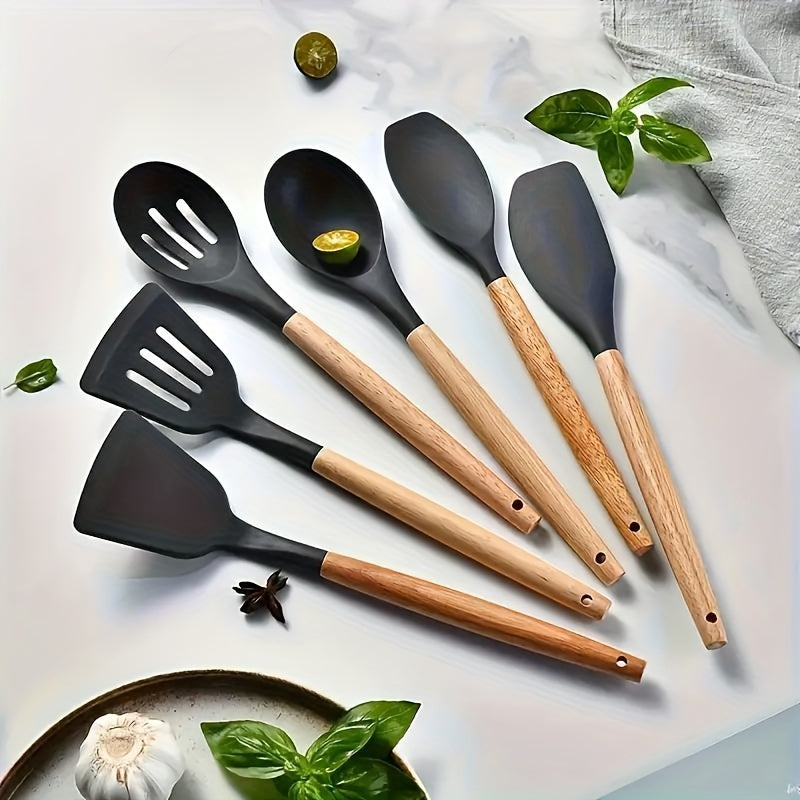 Wooden-handled Silicone Kitchen Utensil Set - Includes 6 or 12 Pieces of Cooking and Baking Tools such as Non-Stick Spatula, Ladle, Whisk, and Storage Rack. Ideal for Holiday Celebrations such as Christmas, Halloween, Easter, Hanukkah, and Thanksgiving.