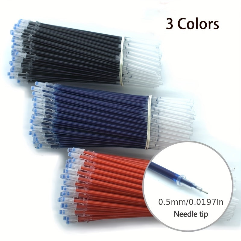 Set of gel pens in black, blue, and red with 0.5mm bullet tips for school and office supplies, kawaii stationery accessories.