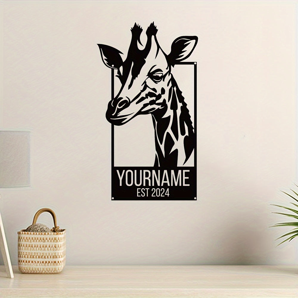 Customized Giraffe Metal Wall Art Sign - Personalized with Name and Year of Establishment, Stylish Indoor Decor Metal Plaque in Black, Suitable for Adults and Teens aged 14 and above.