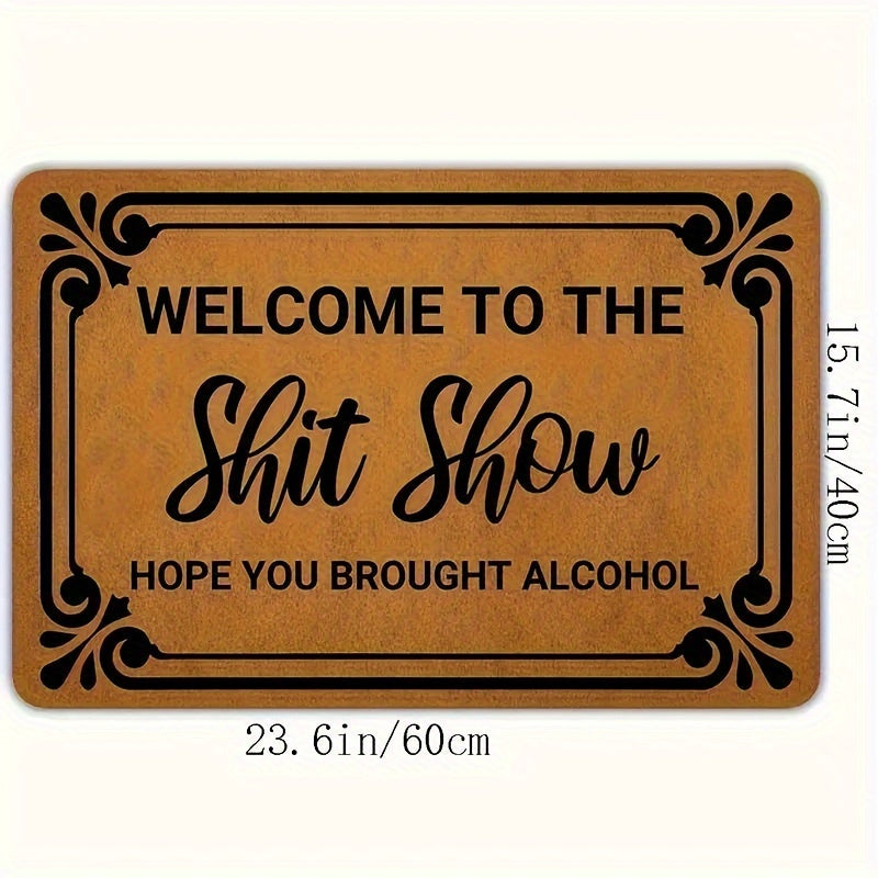 Funny Welcome Mat - "Welcome to the Crazy Party, Bring Booze" Phrase, Easy to Clean, Waterproof, Grip Bottom, Thin, Rectangle Faux Leather and Rubber Entry Mat for Front Door, Bath, Cooking Area, and Interior Design