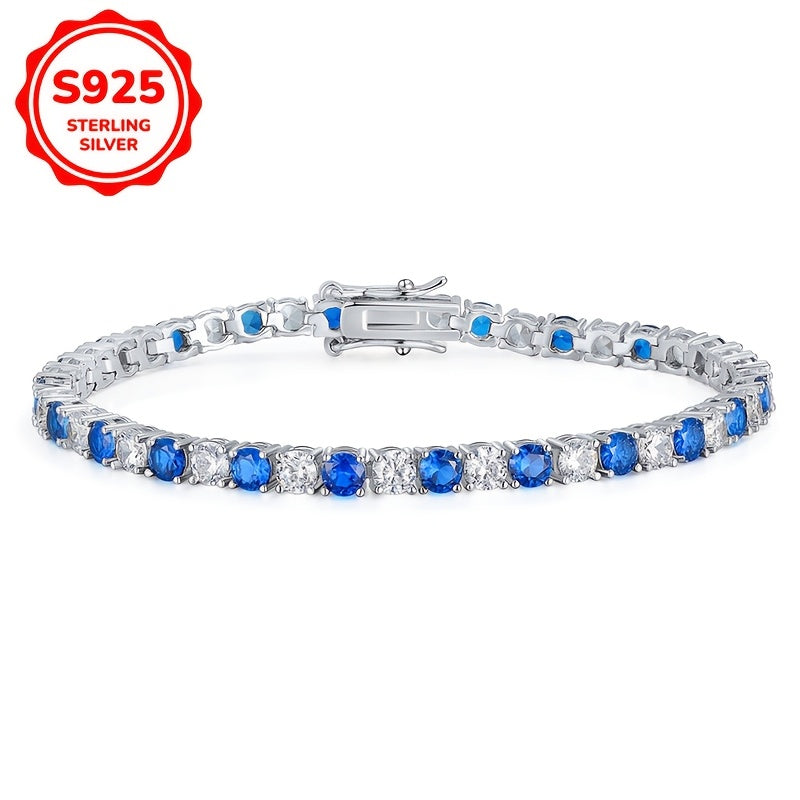 Women's Tennis Bracelet in 925 Sterling Silver with Blue & White Synthetic Cubic Zirconia Stones, Stylish Hip-Hop Design, Lightweight 8g, Perfect for October Birthdays, Versatile Piece for Daily and Party Wear All Year Round