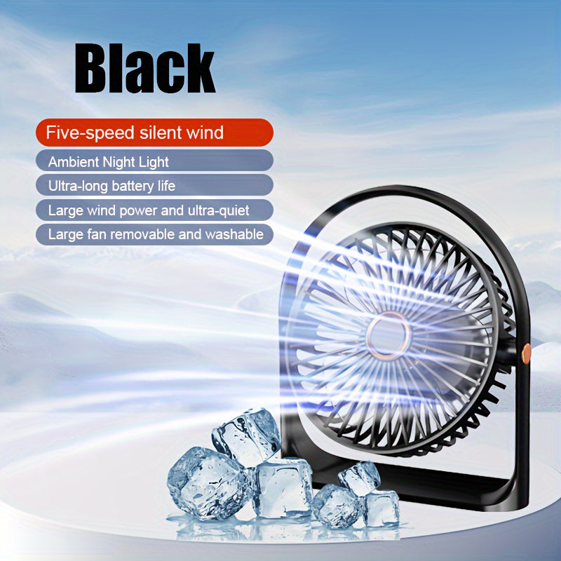 Rechargeable Portable USB Desk Fan with LED Night Light - Features Long-Lasting Battery, 5 Speeds, Quiet Operation - Ideal for Home, Office, Bedroom, Kitchen, Outdoor Camping & Fishing