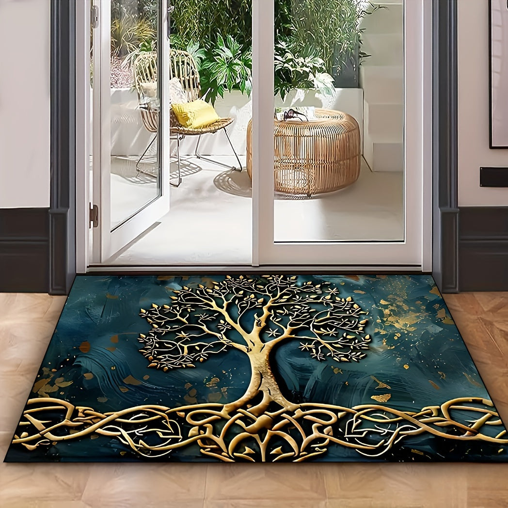 Life Tree Pattern Welcome Mat made of crystal velvet fabric with silicone backing, 1000g/m², non-slip washable rectangular entry rug for home, garden, patio, laundry, bathroom decor. Hand