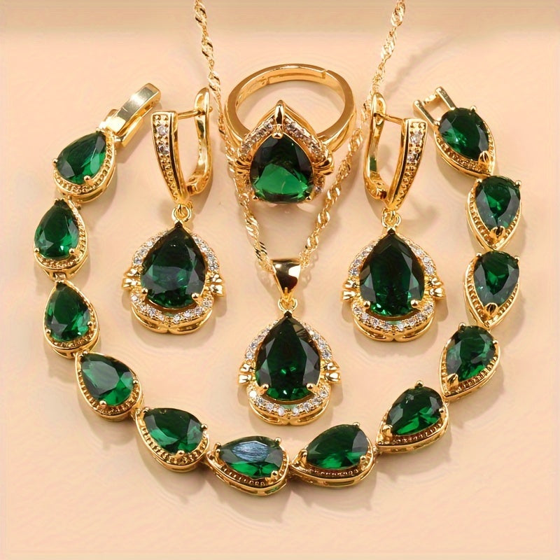 Exquisite 5-Piece Teardrop Jewelry Set including Earrings, Necklace, Pendant, and Ring - Crafted with Synthetic Stones, 18K Gold Plated Copper adorned with Zirconia - Ideal for Everyday Wear and Special Occasions like Weddings, Thanksgiving - A