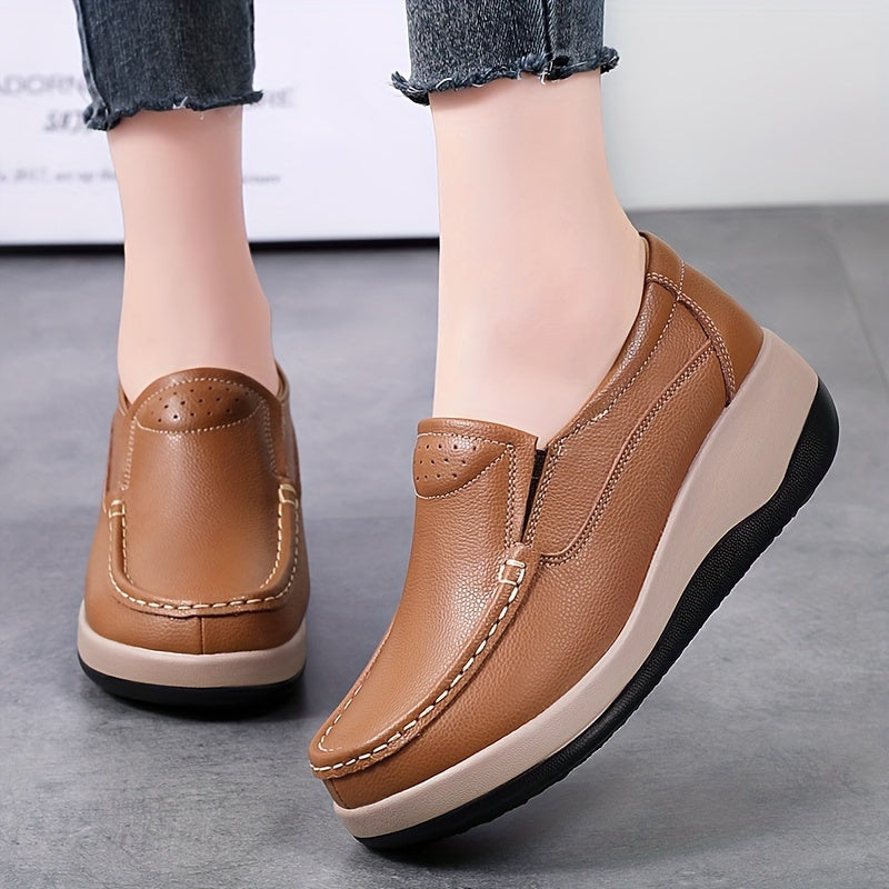 Quanzhou Genuine Faux Leather Platform Loafers for Women - Lightweight Slip-on Fashion Sneakers with Round Toe, Soft PU Sole, Mid Top Design, Comfort Insole, All-Season Shoes