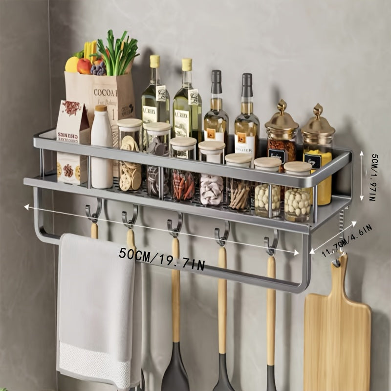 A sleek Aluminum Spice Rack featuring a polished finish, simple wall-mount installation, and versatile design for organizing your kitchen and bathroom essentials. Effortlessly store spices and other cookware with this space-saving, punch-free storage