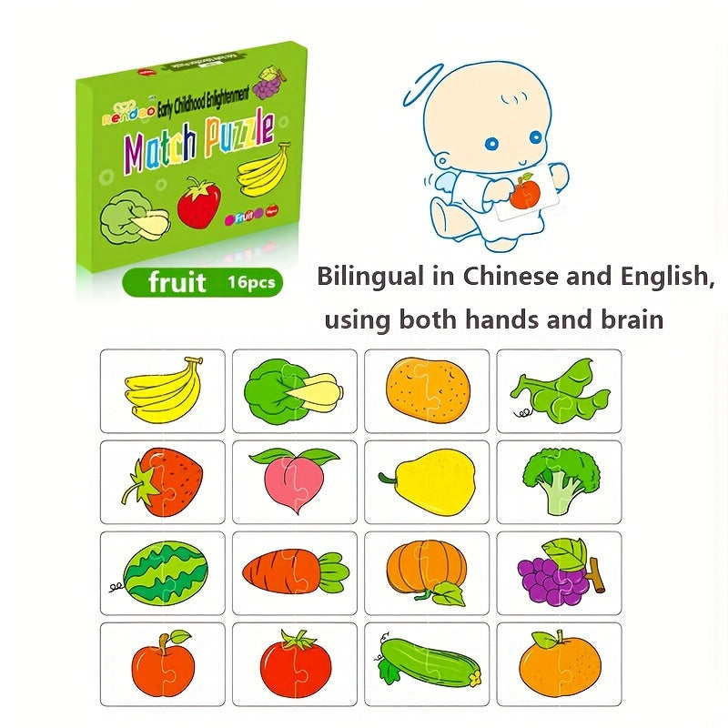 32pcs Animal and fruit themed match puzzle flash cards for children aged 3-8, promoting cognitive skills development. Ideal for winter and Ramadan Mubarak.