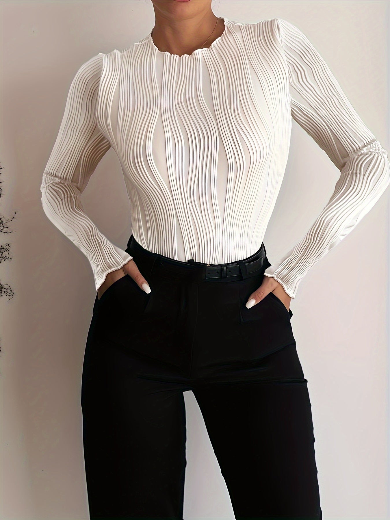 Slim Textured Frill Neck T-Shirt, Elegant Long Sleeve for Spring & Fall, Women's Clothing