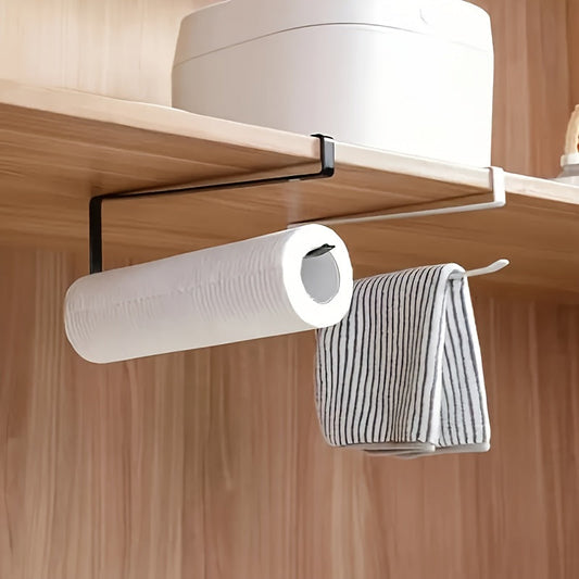 Simplify your kitchen with the 1pc Easy-Install Iron Kitchen Paper Towel Holder. This space-saving cabinet roll organizer requires no drilling and can also hold cling film and dishcloths. Its modern design makes it a stylish addition to your kitchen