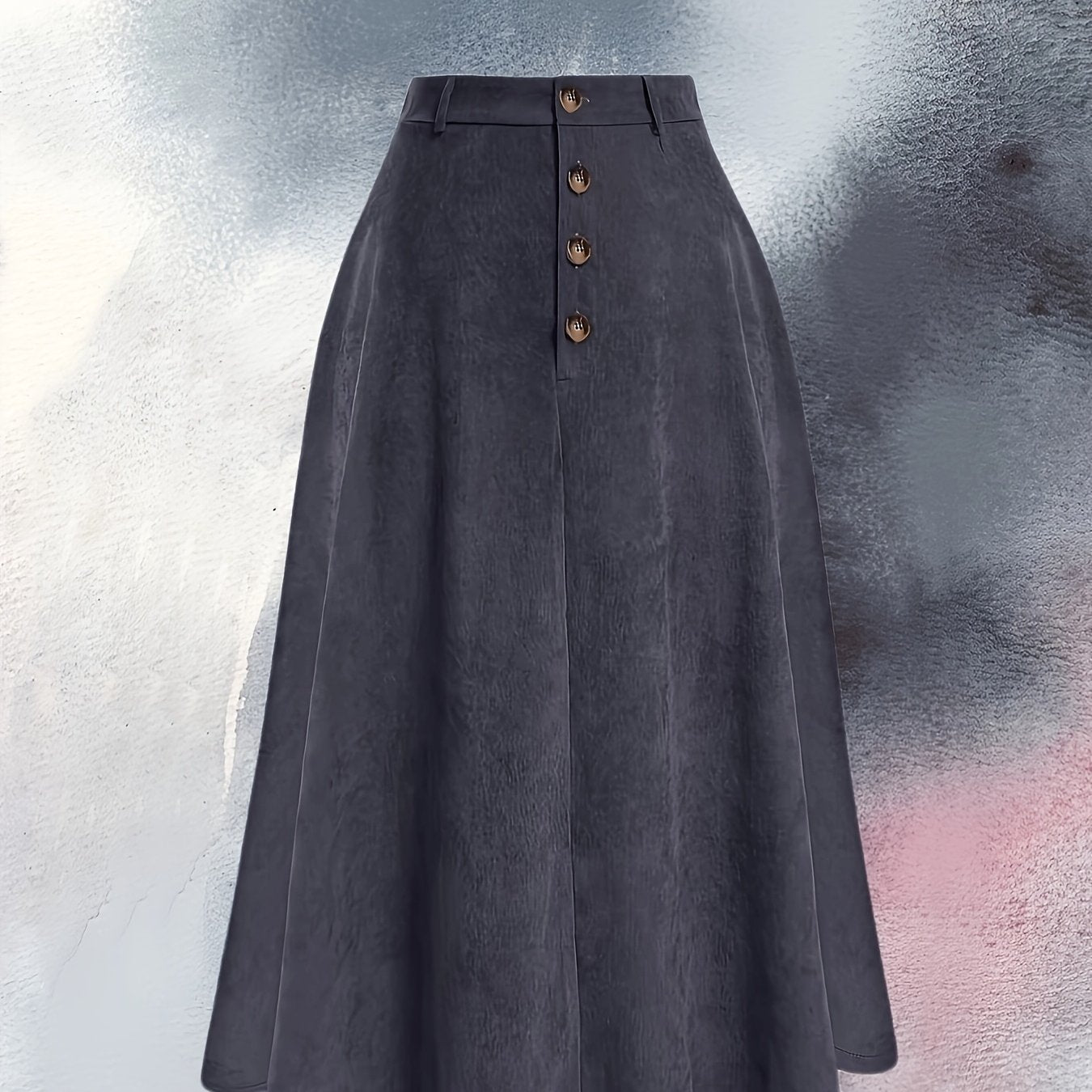 Stylish plus size corduroy skirt with button detail, ideal for spring and fall, machine washable.