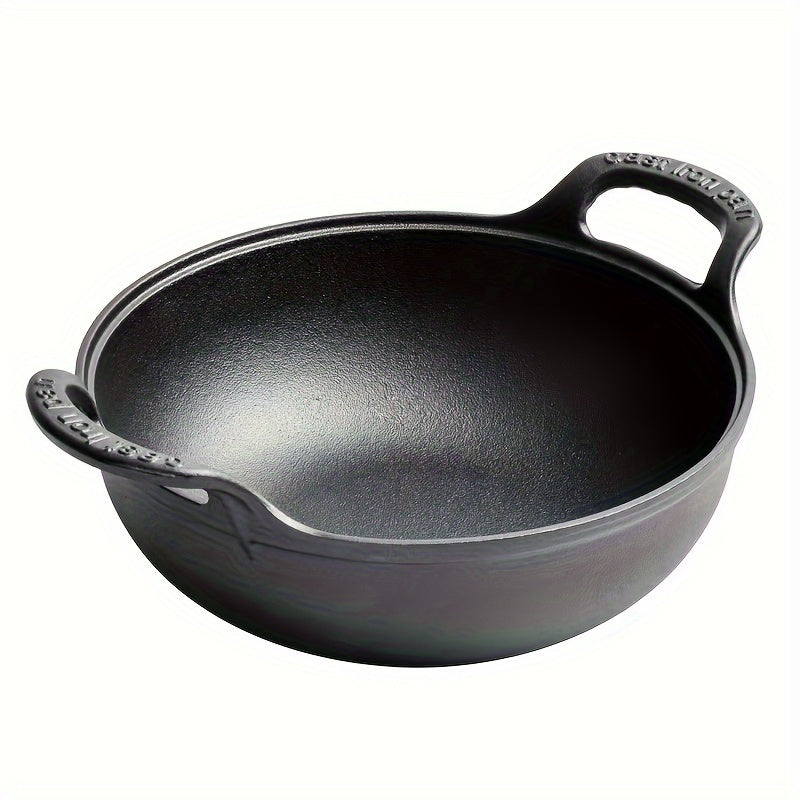 One-piece Double-ear Cast Iron Yuan Treasure Pot featuring a Classic Wooden Lid. This versatile pot can be used as a Flat Bottom Frying Pot, Stew Pot, or Multi-functional Non-coated Non-stick Pot. Suitable for use on Gas Stoves and Electric Magnetic