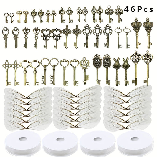 46 pieces of antique bronze vintage skeleton key charms, accompanied by 50 pairs of dragonfly wings and 96.01 meters of strings for creating jewelry and necklaces. Perfect for crafts.