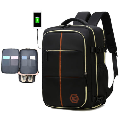 Stylish white and black travel backpack with shoe compartment, USB charging port, and durability for outdoor and school use.