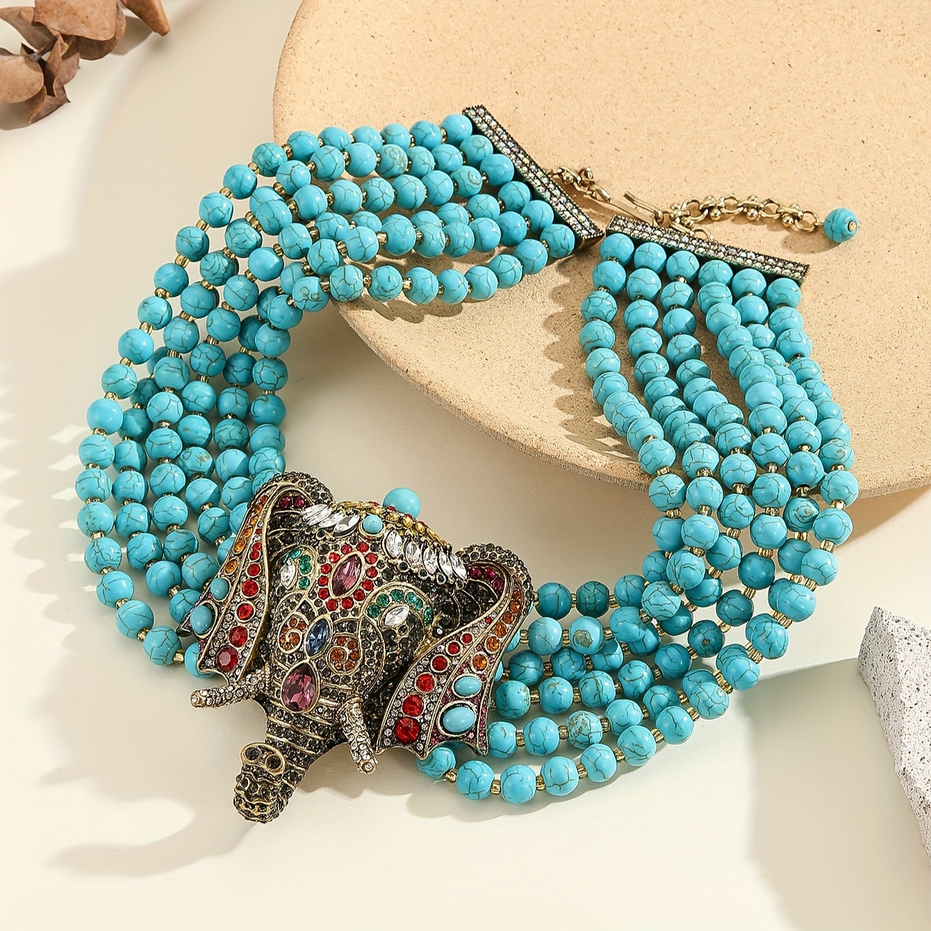 Elegant Elephant Pendant Necklace with Vintage Turquoise and Rhinestones - Perfect for Parties, Proms, and Special Events