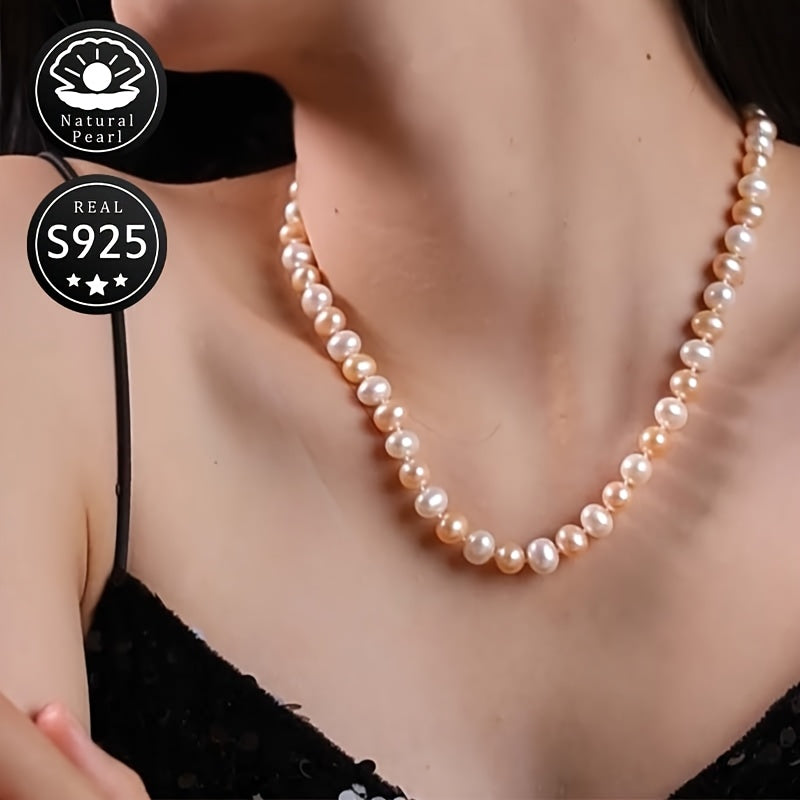 MUFAN Vintage Sexy Style Natural Freshwater Pearl Necklace - S925 Silver, 8-9mm, June Birthstone - Gift Box Included - Ideal for Daily Wear and Gifting - All-Season Jewelry for Women