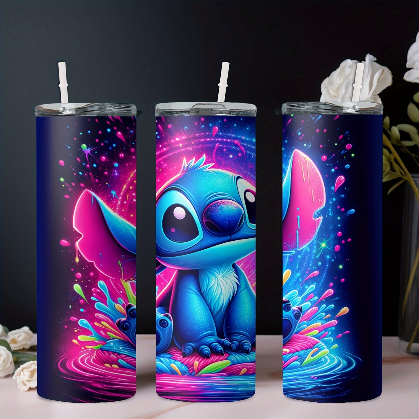 20oz stainless steel water bottle with cartoon character design, insulates hot and cold beverages, includes straw for drinking.